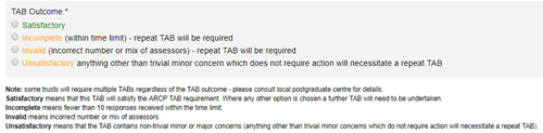 This image shows the possible TAB outcomes that can be chosen from when completing the TAB summary form