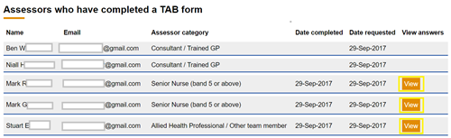 This image shows the manage assessor page of a TAB with the view button highlighted