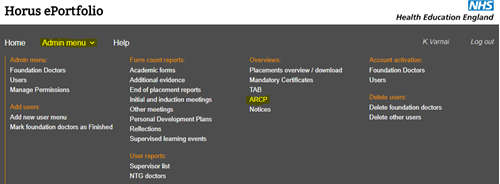 This image shows the admin menu with the ARCP section highlighted