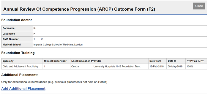 This image shows a newly created arcp outcome form with the pre-populated fields showing