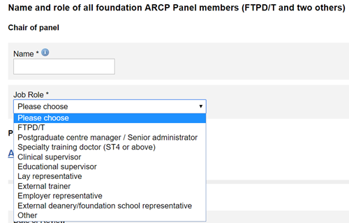This image shows the add panel member section of the ARCP outcome form