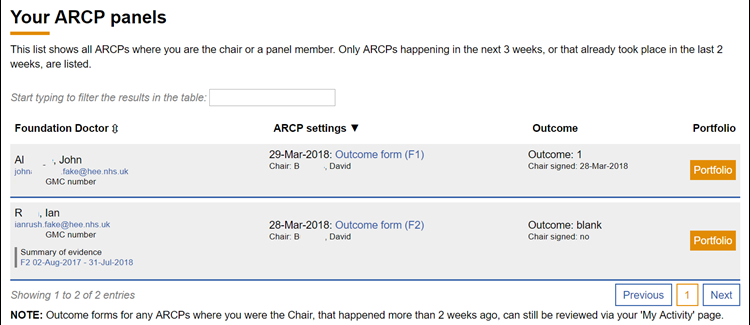 This image shows the arcp panel where the user is named as the panel chair or panel member