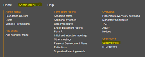 This image shows the user reports section of the admin menu with the supervisor list highlighted