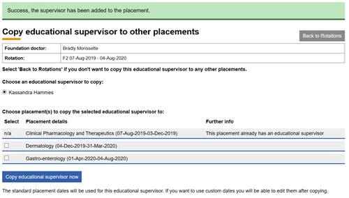 This image shows the copy educational supervisor to other placements page with the successful green banner showing