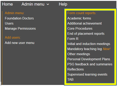 This image shows the form count reports section of the admin menu