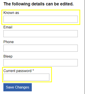 This image shows the user information fields that can be edited with the current password field highlighted