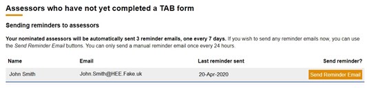 This image shows the assessors who have not yet completed TAB feedback with the send reminder email highlighted