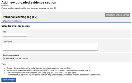 This image shows the upload evidence section of the personal learning form.