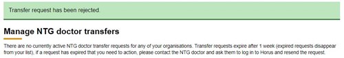This image shows the manage NTG doctor transfers page after a request has been rejected
