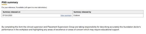This image shows the link to a PSG summary from the clinical supervisor end of placement report