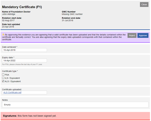 This image shows the submitted amndatory certificate form with the reject and approve buttons showing