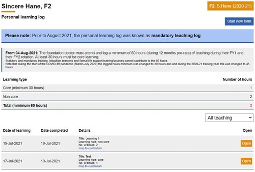 This image shows the personal learning log overview page